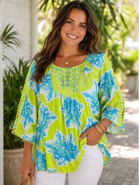Crown & Ivy XL Boho Tunic Top Green Blue Crochet Lace Coastal Blouse